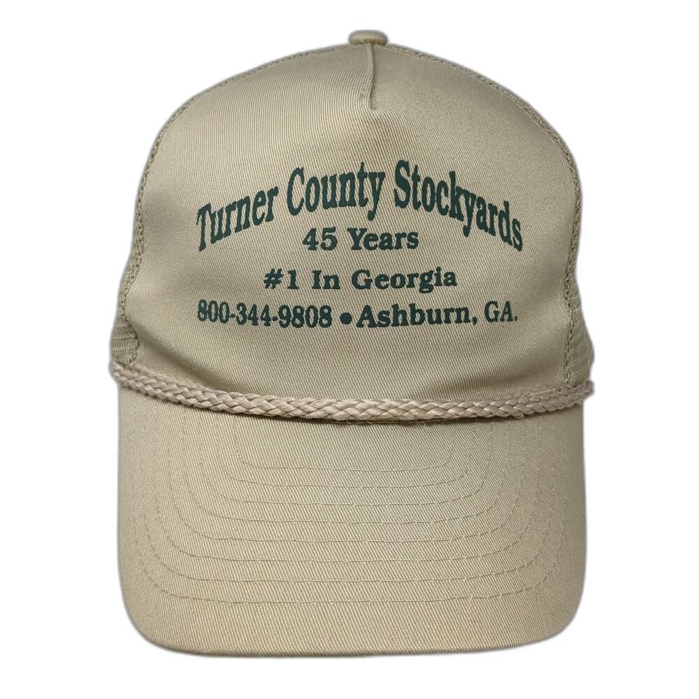 Nissin Cap Trucker Hat Beige One Size Turner County Stockyards GA Mesh Rope
